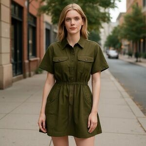 Banana Republic Size S 100% Linen Utility Safari Shirt Dress Olive Green NO BELT